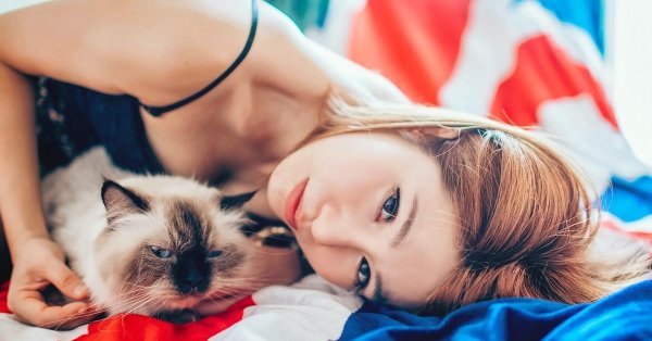 Девушка с сиамским котом в объятьях