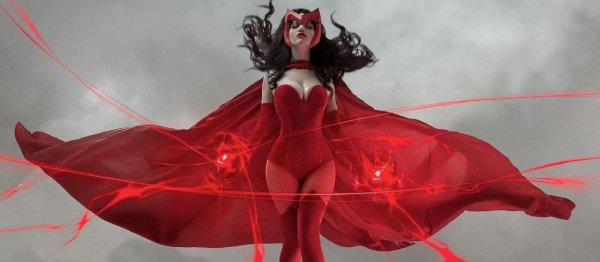 Элегантная Ванда в костюме Алой Ведьмы демонстрирует свою сверхъестественную силу